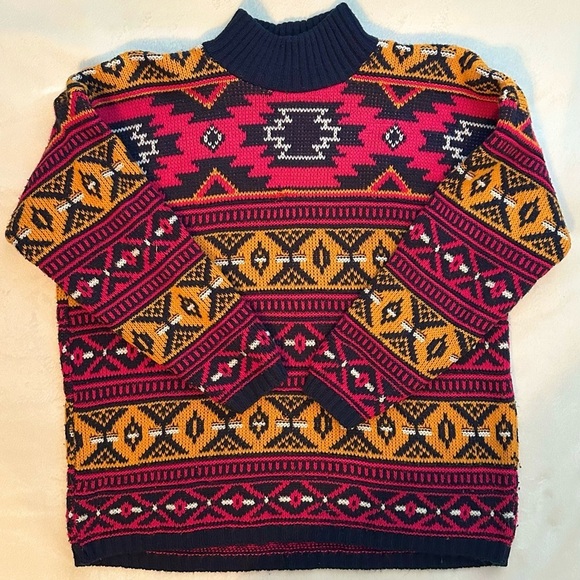 Vintage Croquet Club Knit Aztec Fair Isle Decorative Mock Neck Sweater L - Picture 1 of 6